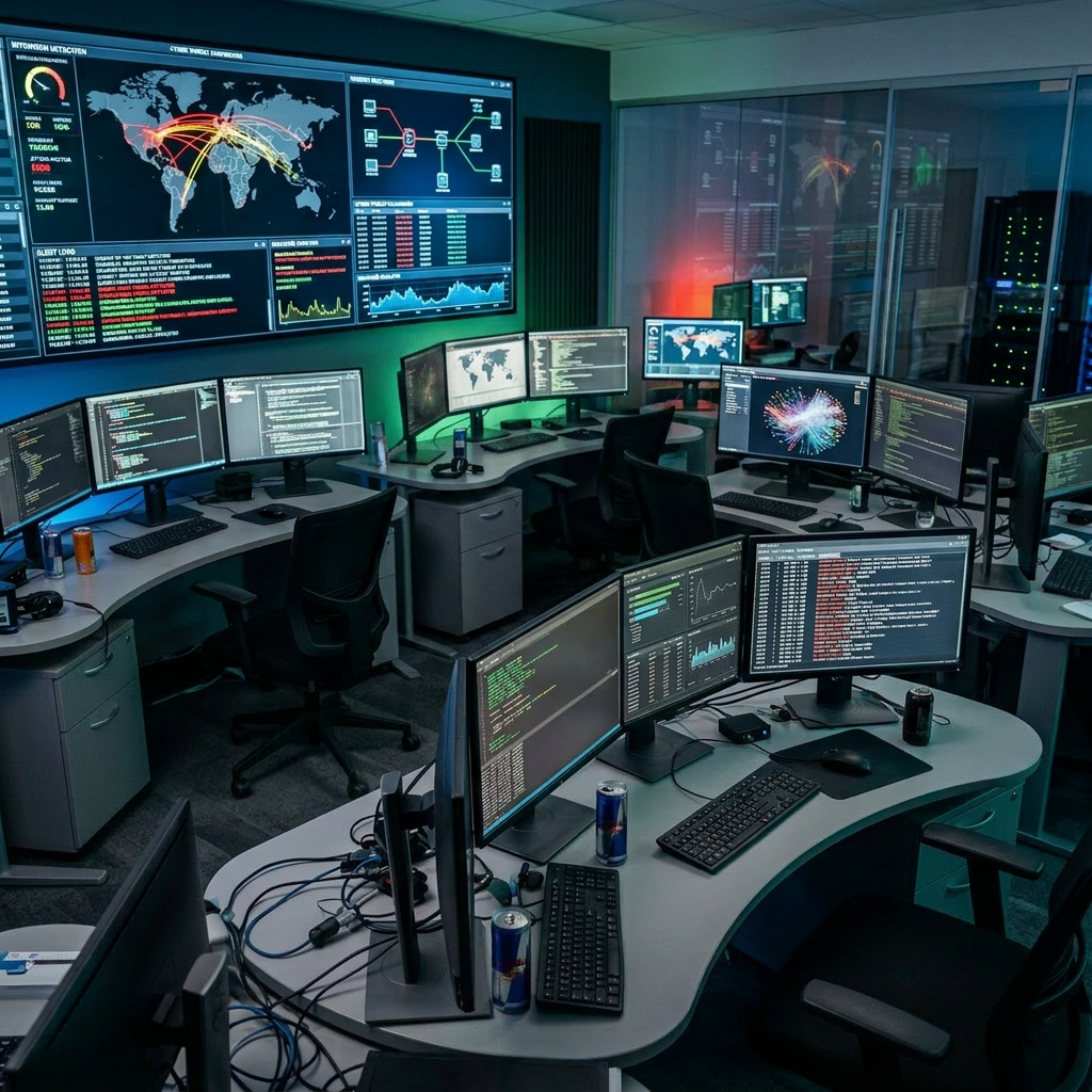 Cybersecurity team analyzing global cyberattack data on multiple computer monitors