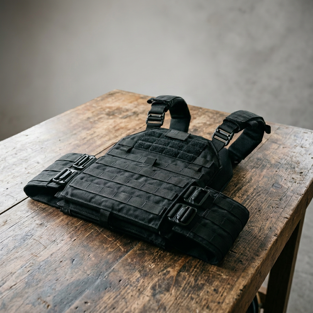 Black tactical police vest with MOLLE straps on wooden workbench