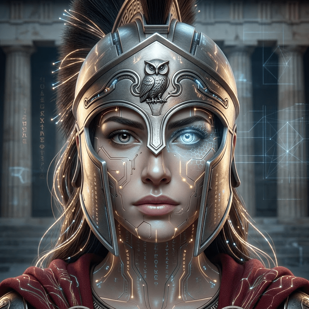 Female Greek warrior in bronze armor holding spear and shield at ancient Acropolis ruins