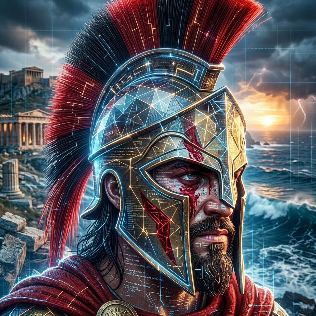 Spartan warrior in helmet with spear and shield by rocky coast at sunset