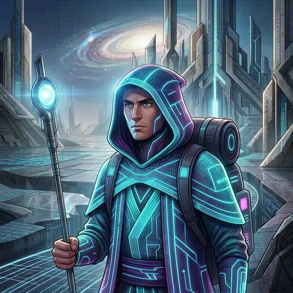Futuristic mage in glowing blue cloak walking on digital light path in high-tech city