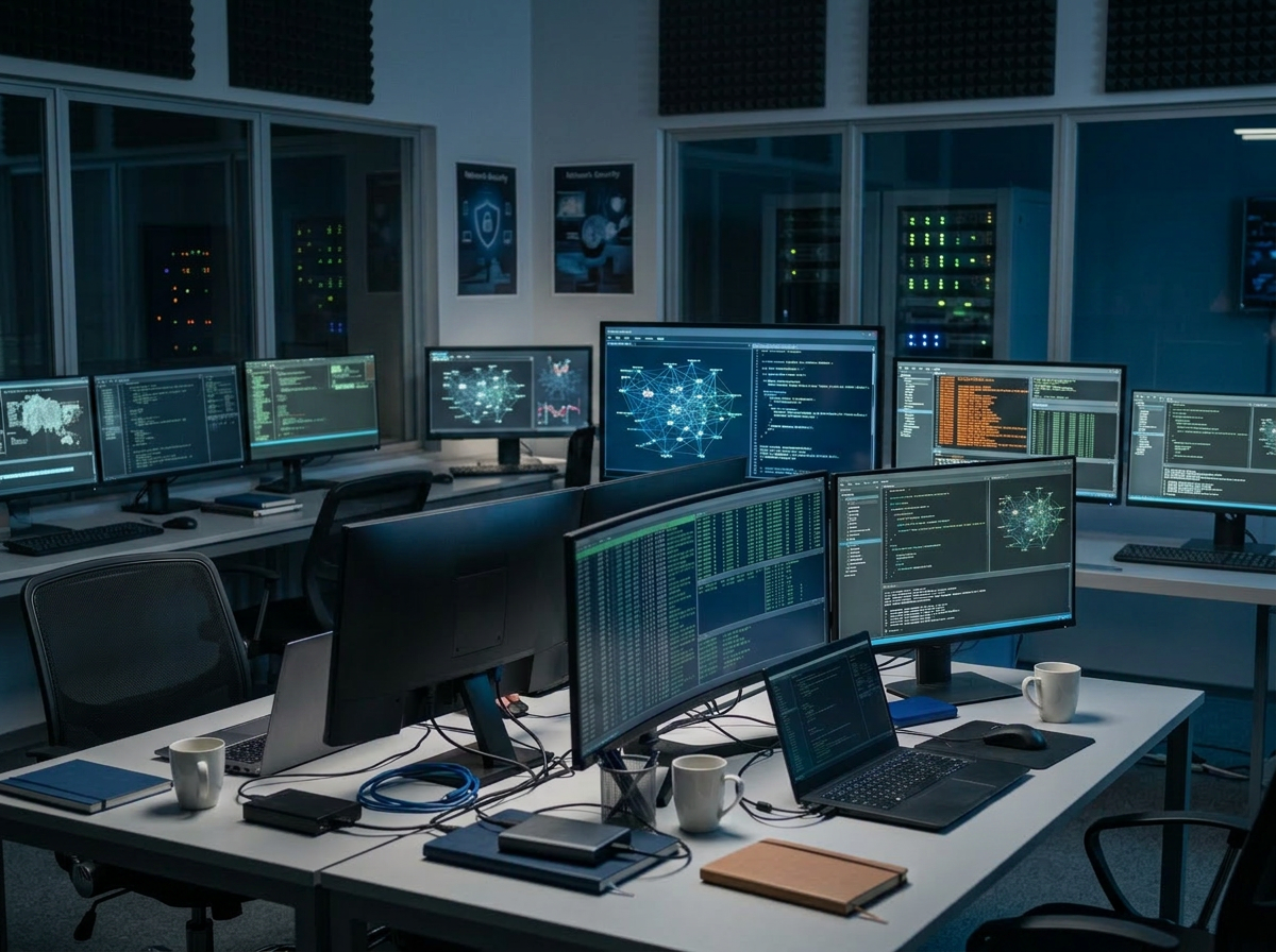 Six cybersecurity experts working together at a desk with multiple monitors displaying code and network graphs