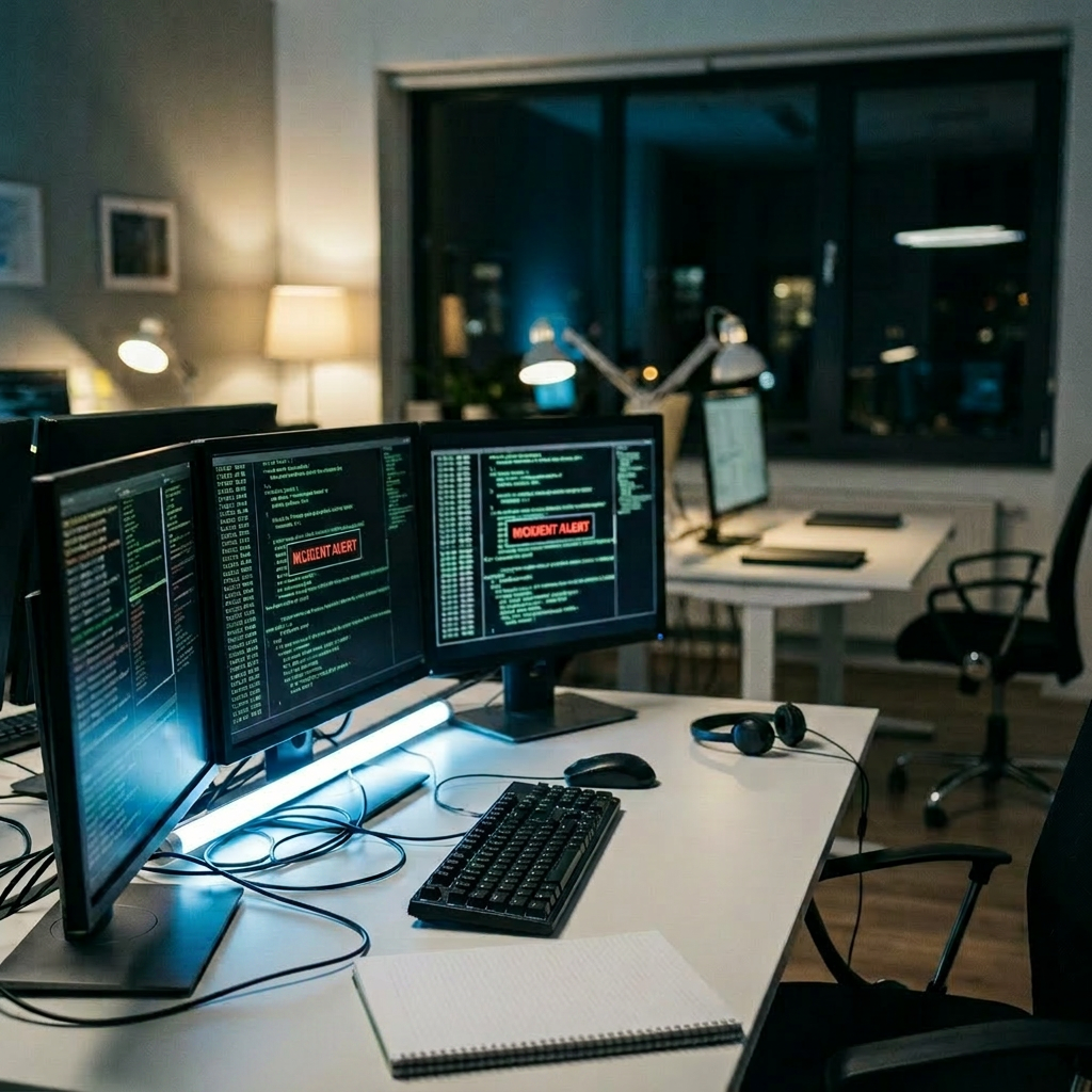 Cybersecurity specialist monitoring multiple computer screens showing incident alerts