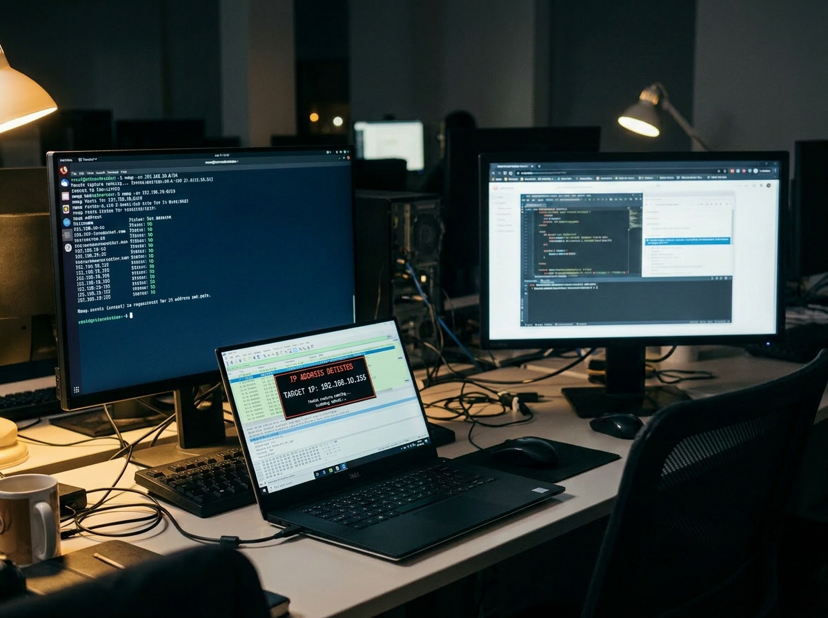 Man working on laptop and monitors analyzing network and IP address data.