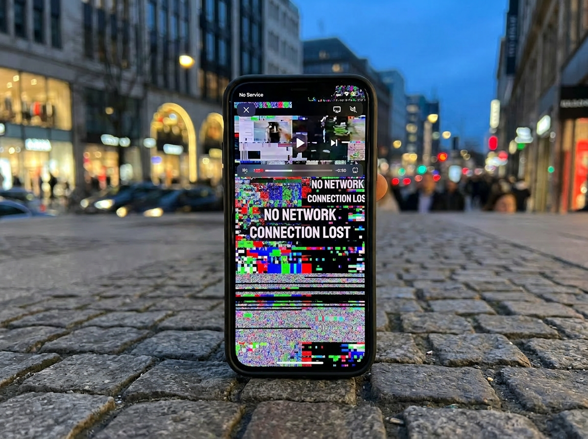Smartphone screen showing 'No Network Connection Lost' error with colorful static and glitches